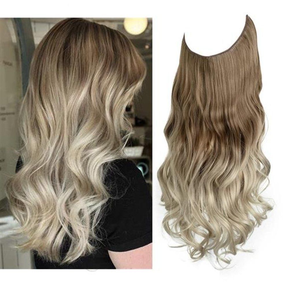 Ombre Halo Hair Extensions Synthetic Hair Piece Brown to Ash Platinum Blonde 18"
